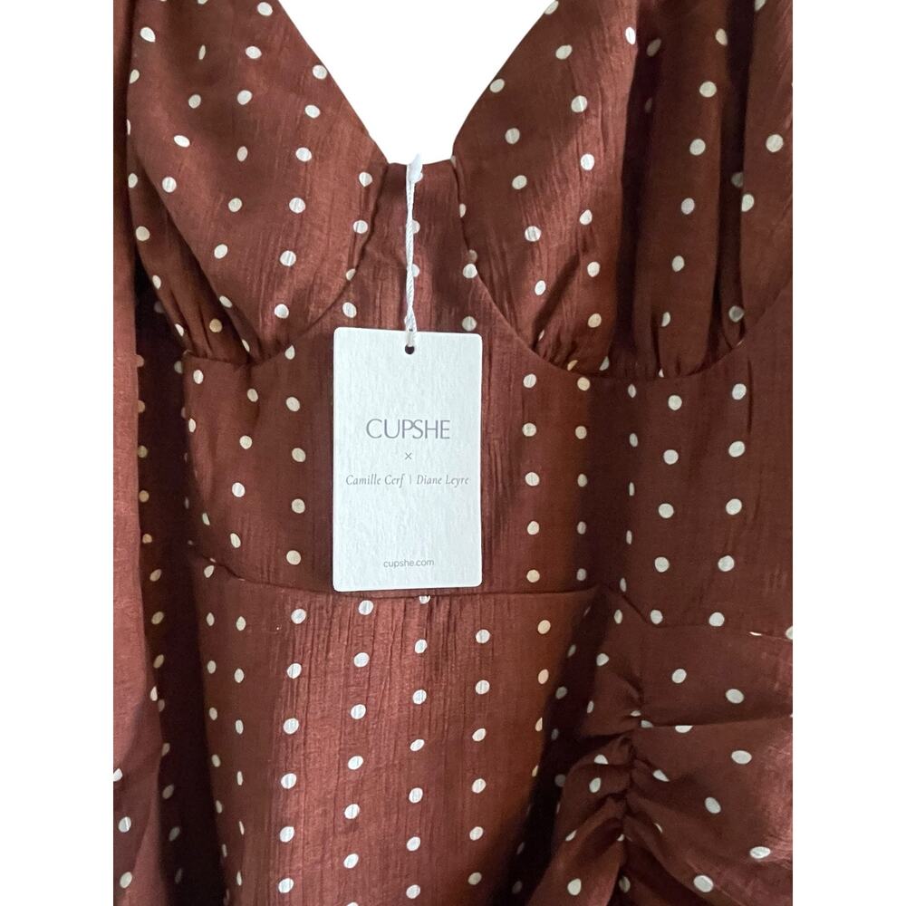 CUPSHE Polka Dot Ruched Brown Mini Dress NWT Size Medium - Picture 3 of 7